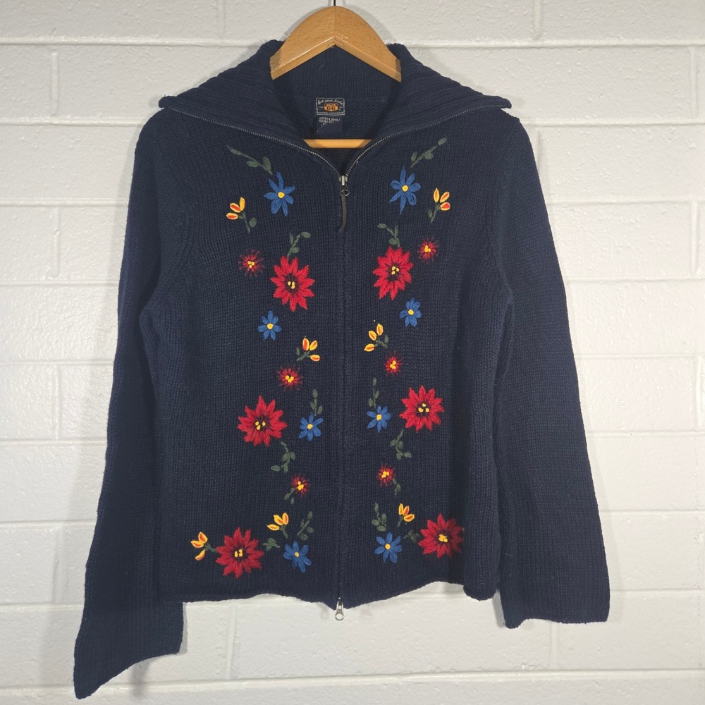 Vtg Route 66 Floral Embroidered Full Zip Sweater XL Wool Blend‎ Cottage Granny